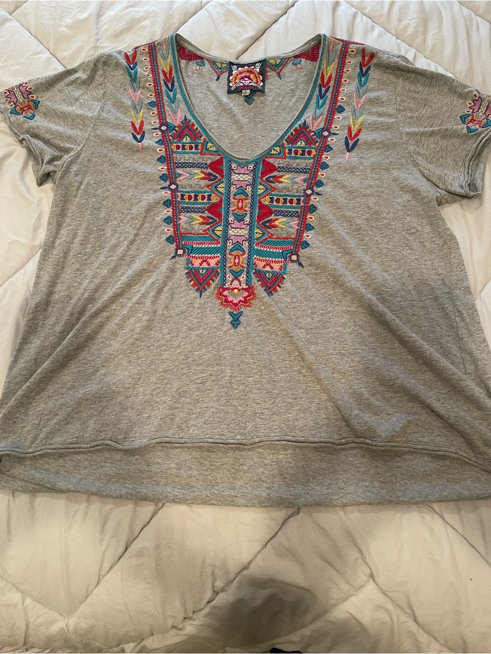 Johnny Was Gray Tee with Multicolor Embroidered Tribal V-Neck - Picture 4 of 6